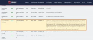 Anjouan Gaming licence register entry for Fortune Master Limitada